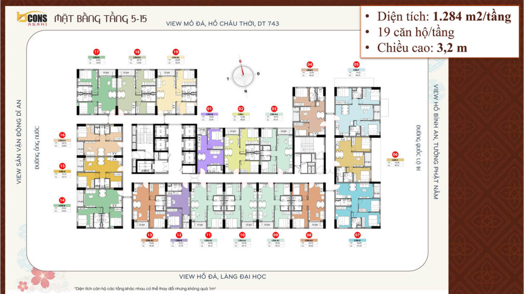 Mặt bằng tầng 5-15 căn hộ Bcons Asahi